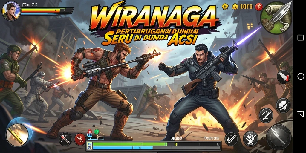 Screenshot WIRANAGA menampilkan aksi seru di pertempuran intens.